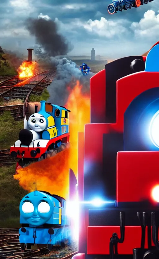 Image similar to thomas the tank engine vs. optimus prime : big revenge : coming soon to theaters, epic cinematic poster, post - apocalypse, demolition, dark, dramatic, real life, realistic, photo, photorealistic, detailed, high quality, high resolution, 8 k, hdr, 4 k