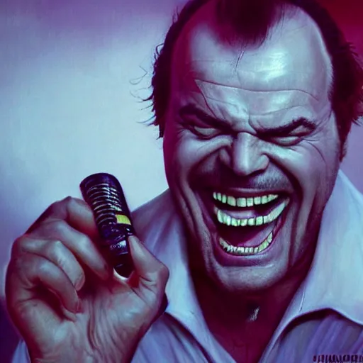 Image similar to Jack Nicholson Screaming as he is breaking out of the TV, highly detailed, excellent composition, cinematic concept art, dramatic lighting, trending on ArtStation