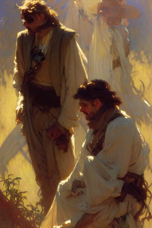 Image similar to 2 attractive male, painting by gaston bussiere, craig mullins, greg rutkowski, alphonse mucha