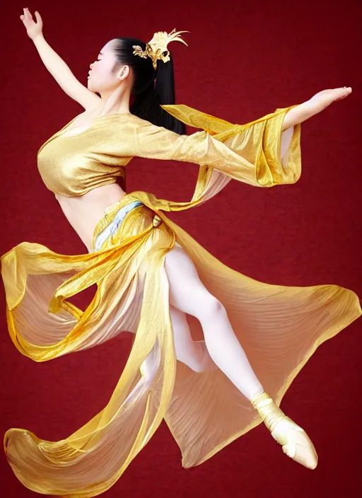 Prompt: full body portrait of a dancer throwing large ribbons, feet, barefoot, full body, vivacious, extremely beautiful, gold jewelry, hanfu, chinese ribbon dance, aerial silk, large flying ribbons, ming dynasty, detailed, realistic face, anatomically accurate, fantasy art, ghostblade, wlop.