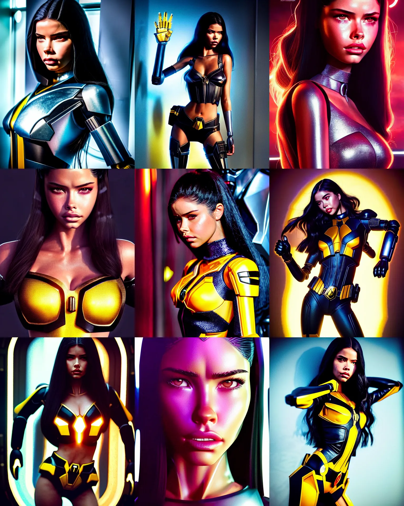 Prompt: jj abrams movie still portrait photo of happy madison beer, adriana lima : : as bumblebee cyborg woman by weta : : by greg rutkowski, wlop, ilya kuvshinov, rossdraws, artgerm, leeloo, rave makeup, maxim magazine cover, unreal engine, sweaty, glitter, pearlescent, morning, disney, pixar, : :