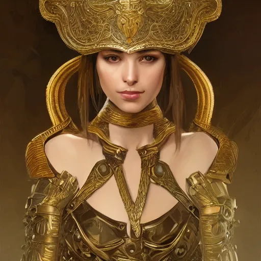 Prompt: an attractive young female wearing an ornate metallic helmet, holly pears, olive skin, long dark hair, beautiful bone structure, intricate, elegant, highly detailed, digital painting, artstation, concept art, smooth, sharp focus, illustration, art by artgerm and greg rutkowski and alphonse mucha