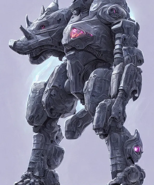 Prompt: an anthropomorphic rhinoceros portrait wearing sci fi armor, front facing!!!, surrealism , scifi, intricate mecha armor, elegant, highly detailed cybernetic body armor, neon glowing eyes, digital painting, artstation, concept art, smooth, sharp focus, illustration, art by Artgerm and moebius and Peter Mohrbacher,