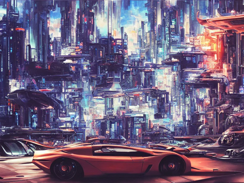 Prompt: hyperrealistic painting of a slice of life from a futuristic city, mechanical designs, futuristic cars, night, technological, cinematic, detailed engineering, futuristic car, sharp focus, cyberpunk style, highly detailed, realism, acrylic on canvas, 8 k resolution, concept art, by noriyoshi ohrai, john berkey, moebius