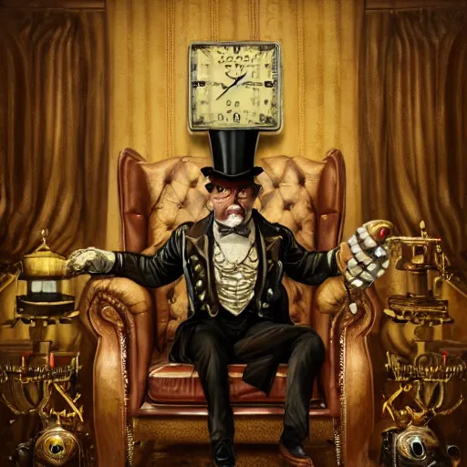 Prompt: oil painting of grumpy rich steampunk owl sitting in fancy chair, wearing top hat, holding gold watch, steampunk factory background, sharp focus, fantasy style, octane render, volumetric lighting, 8k high definition, by greg rutkowski, highly detailed, trending on art Station, magic the gathering artwork, centered, deviantart,