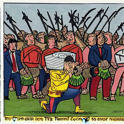 Image similar to political cartoon in color of trump cowering beneath a shield made of hundreds of tiny little people. the shield is being pelted by arrows. ( side view of trump in a squatting position holding the human shield )