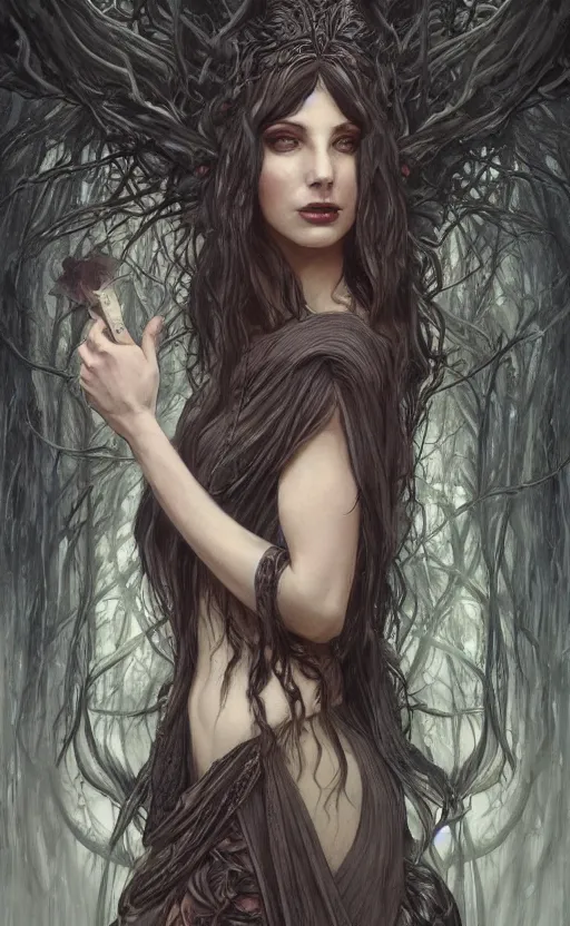 Image similar to playing card of the three fates, dark and ethereal, wild hairs, expressive poses, dark dress, fantasy, intricate, dark forest background, highly detailed, digital painting, artstation, concept art, smooth, sharp focus, illustration, art by artgerm and greg rutkowski, artgerm and alphonse mucha