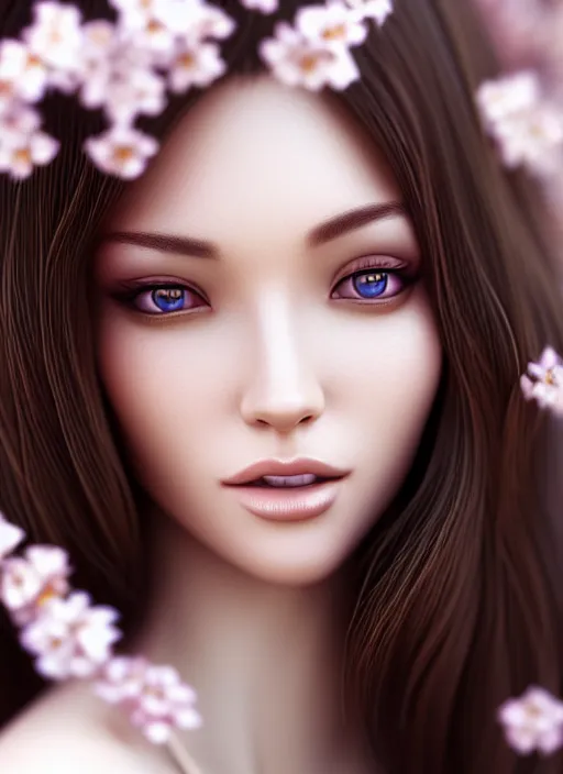 Image similar to photo of a gorgeous female in the style of stefan kostic, realistic, half body shot, sharp focus, 8 k high definition, insanely detailed, intricate, elegant, art by stanley lau and artgerm, extreme bokeh cherry blossoms