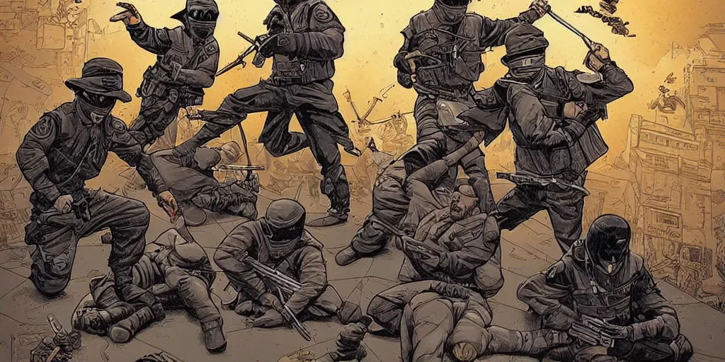 Image similar to keystone cops vs. Ninjas. Epic painting by James Gurney and Laurie Greasley.