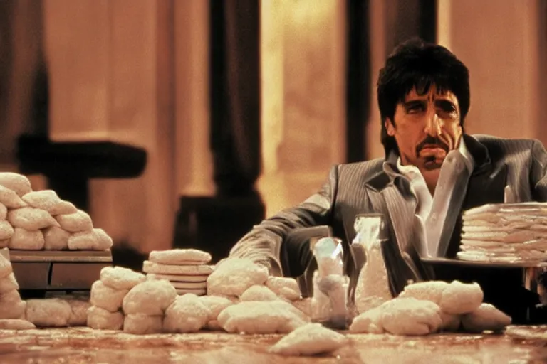 Image similar to tony montana from movie scarface 1 9 8 3 sitting at a table with big packages of flour. next to the night window. al pacino. perfect symmetric face, coherent eyes, medium shot, fine details, 4 k, cinestill, ron cobb