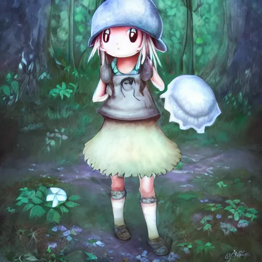 Prompt: cute little girl with a mushroom hat in dark forest, cute artwork, clean detailed, inspired in made in abyss, detailed background