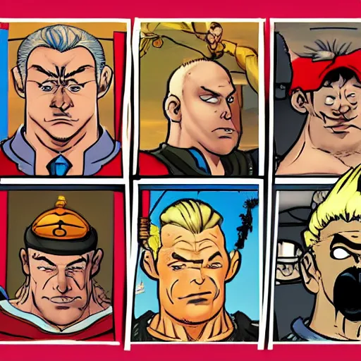 Image similar to all the street fighter characters in the style of tintin, comic