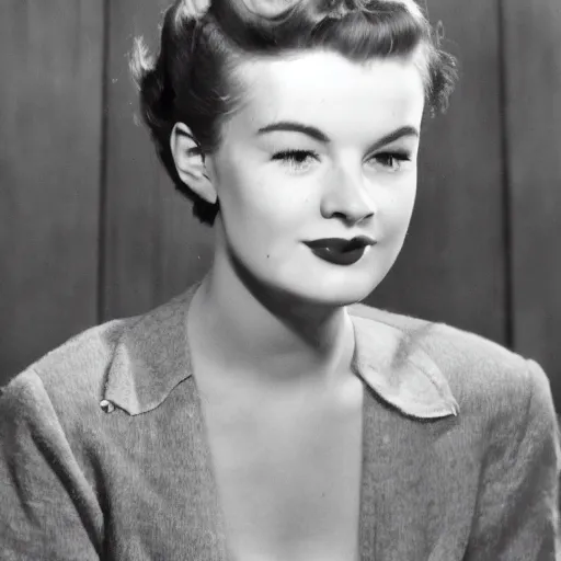 Prompt: photo of an intelligent 1950s young woman, age 26