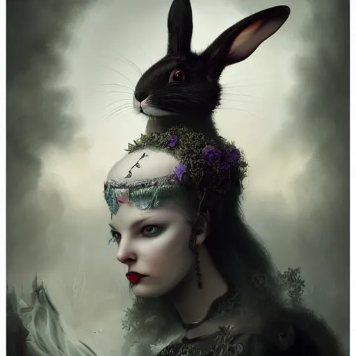 Prompt: tom bagshaw, soft painting fractal curiosities carnival, very beautiful female rabbit in full ornated nightshade gothic dress, partial symmetry accurate features, focus, very intricate ultrafine details, black white purple volumetric clouds, award winning masterpiece, octane render 8 k hd