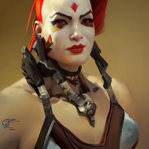 Image similar to greg manchess portrait painting of a female kratos as overwatch character, medium shot, asymmetrical, profile picture, organic painting, sunny day, matte painting, bold shapes, hard edges, street art, trending on artstation, by huang guangjian and gil elvgren and sachin teng