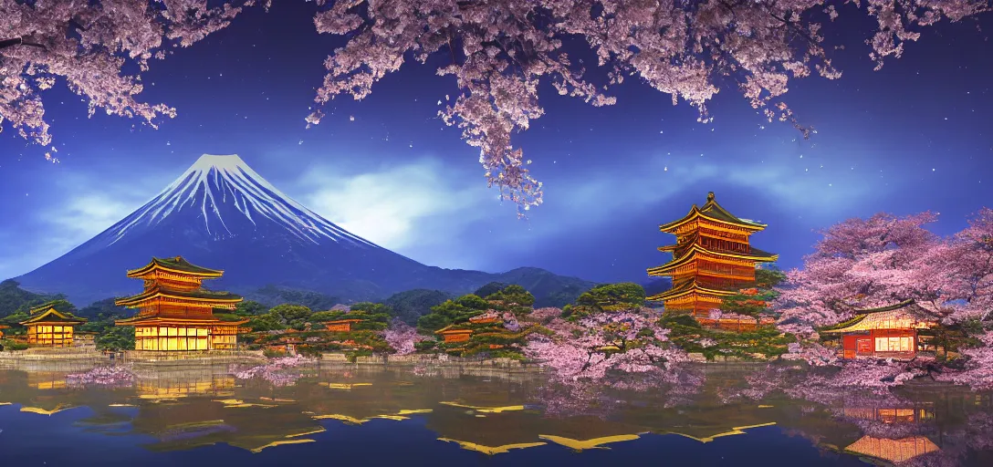 Image similar to very beautiful view of an ancient japanese city at night, large temples with glowing windows, glowing cherry blossom trees, watery lake with dappled reflections, icy mountains in the background, calm clouds, cinematic lighting, ultra detailed, sharp, ambient occlusion, raytracing, by dylan cole, sebastian meyer and jordan grimmer