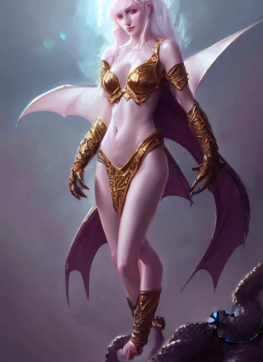 Image similar to dragon sorceress, wide angle view, white, black, blue, pink, gold, highly detailed, artgerm, cushart krenz, trending on artstation, soft light, sharp edges, illustration, character design, concept art