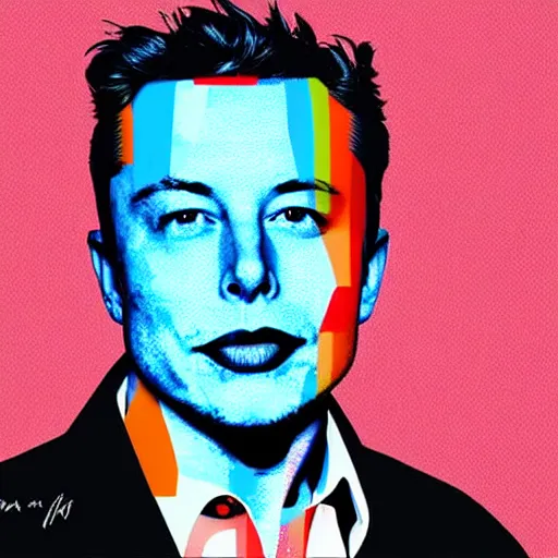 Prompt: the portrait of sexy and handsome elon musk winking. colorful pop art, modern art, by andy warhol