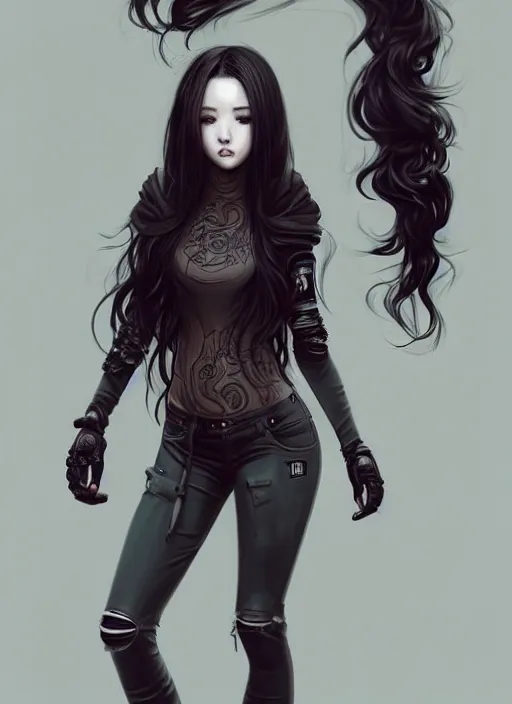 Prompt: full body portrait of long black hair girl within a streetwear. porcelain warforged, cynical face, concept art, character illustrations, intricate, highly detailed 8 k, smooth, matte, sharp focus, rim light, beautiful and aesthetic shape of face and body, artgerm, artstation, art by nira