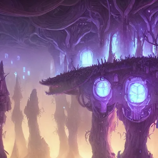 Image similar to concept art detailed painting of a dark purple fantasy fairytale fungal town made of mushrooms, with glowing blue lights, in the style of jordan grimmer and neil blevins and wayne barlowe