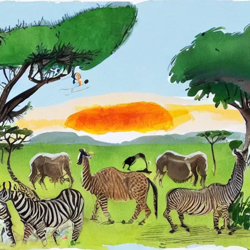 Image similar to quentin blake illustration of a safari at sunset