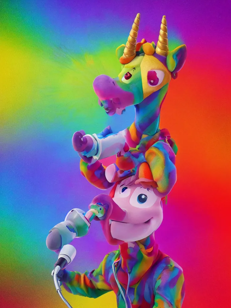 Prompt: a realistic rainbow beat boxing unicorn on stage holding a microphone by Pixar