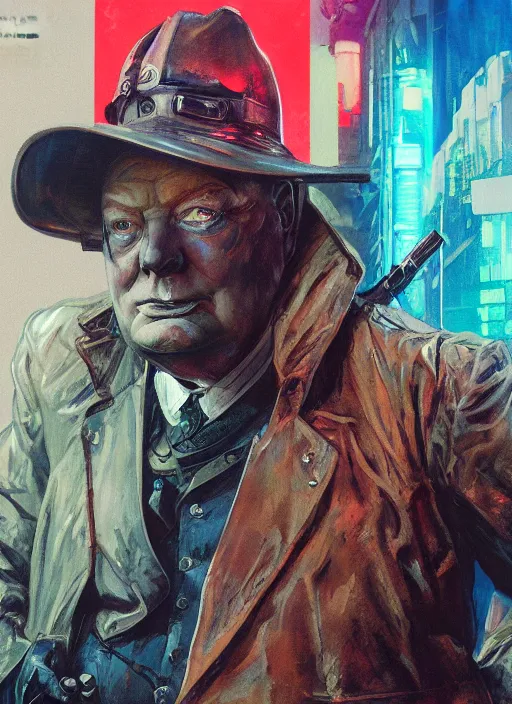 Prompt: Winston Churchill. Cyberpunk assassin in tactical gear. blade runner 2049 concept painting. Epic painting by James Gurney, Azamat Khairov, and Alphonso Mucha. ArtstationHQ. painting with Vivid color. (Hl2, apex legends, fortnite, rb6s, Cyberpunk 2077)