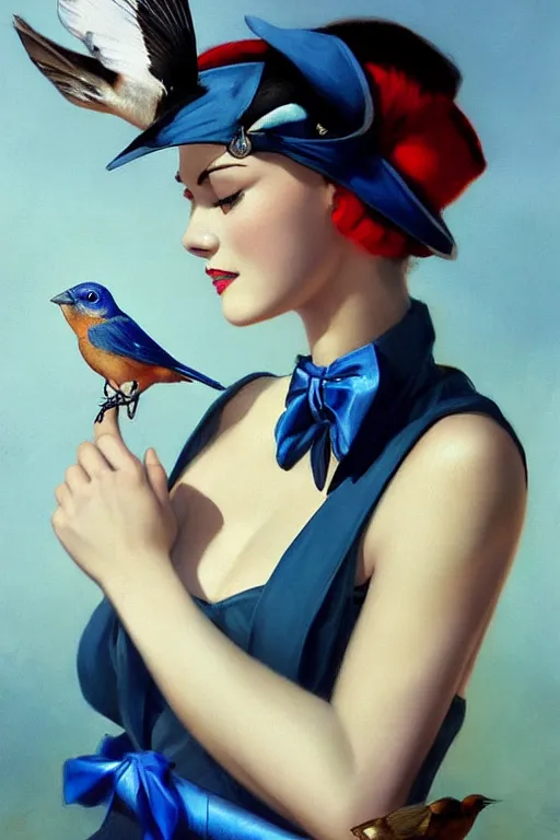 Image similar to hyper realistic painting, tasteful pinup girl holding an indigo bunting, bird, the bird is wearing a bowtie, by greg rutkowski, rossdraws, gil elvgren, enoch bolles, anime, porcelain skin, very coherent