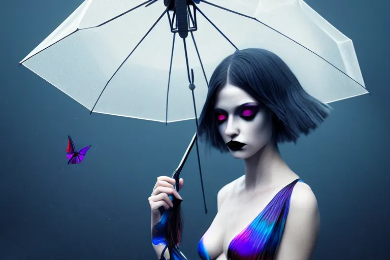 Prompt: surreal Portrait of beautiful goth woman with transparent umbrella in dmt chromatic surreal enviroment, elegant, highly detailed, smooth, photoreal, sharp focus, illustration, beautiful, geometric, dmt trending on artstation, cinematic, artwork by WLOP