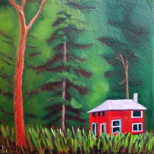 Image similar to oil painting of a small house in the middle of a forest