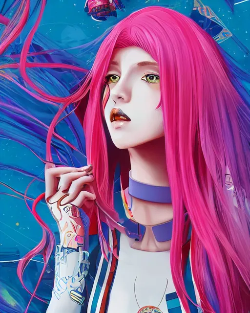 Image similar to poster woman with futuristic streetwear and long hair, colourful, pretty face, intricate eyes, elegant, Anime by Roset Conrad Sailor Moon Kuvshinov Ilya 4k, HDR, Graphic Design, Behance Trending on artstation, award winning