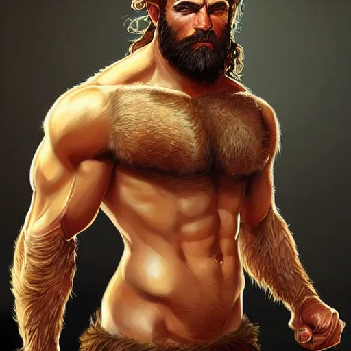 Image similar to portrait of a young rugged male barbarian, handsome, upper body, hairy torso!!!, D&D, muscular, fantasy, intricate, elegant, highly detailed, digital painting, artstation, concept art, smooth, sharp focus, illustration, art by artgerm and greg rutkowski and alphonse mucha