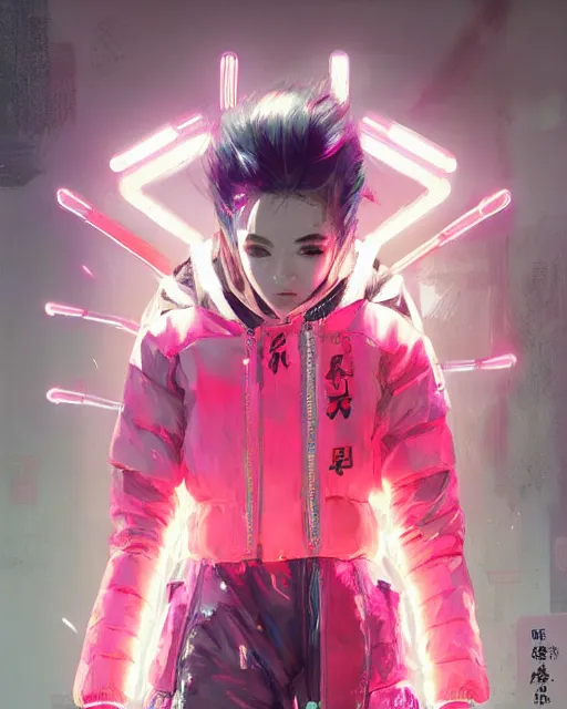 Image similar to detailed portrait Neon fighter Girl, cyberpunk futuristic neon, reflective puffy coat, decorated with traditional Japanese ornaments by Ismail inceoglu dragan bibin hans thoma greg rutkowski Alexandros Pyromallis Nekro Rene Maritte Illustrated, Perfect face, fine details, realistic shaded, fine-face, pretty face