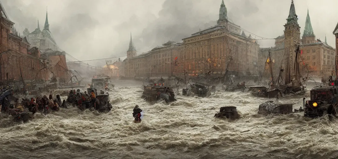 Prompt: famous photo of the flood in oslo, intricate, hyper detailed, 8k, james gurney, greg rutkowski, john howe, artstation