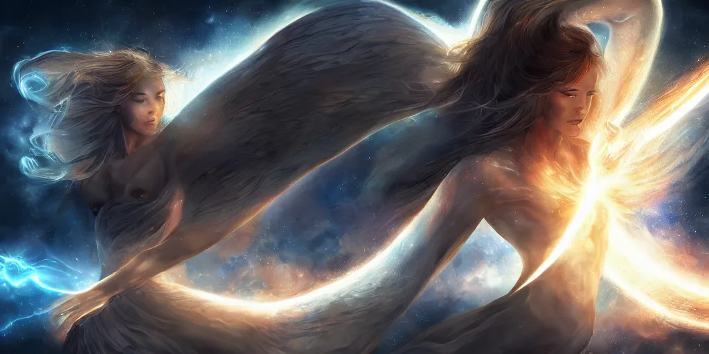 Prompt: a celestial being bending the time and space continuum, concept art, digital illustration, trending on artstation, deviantart, artgerm, epic composition, masterpiece, highly detailed, advanced technique, ambient lighting, wlop, ross draws