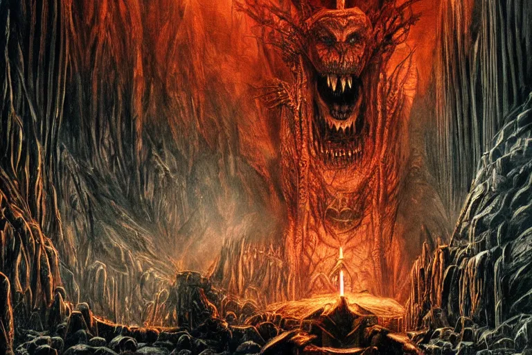 Image similar to a balrog lurking in moria, style of h. r. giger, many columns, mines of moria from the lord of the rings in the style of h. r. giger, directed by ridley scott, dark, cinematic, highly detailed, cinemascope