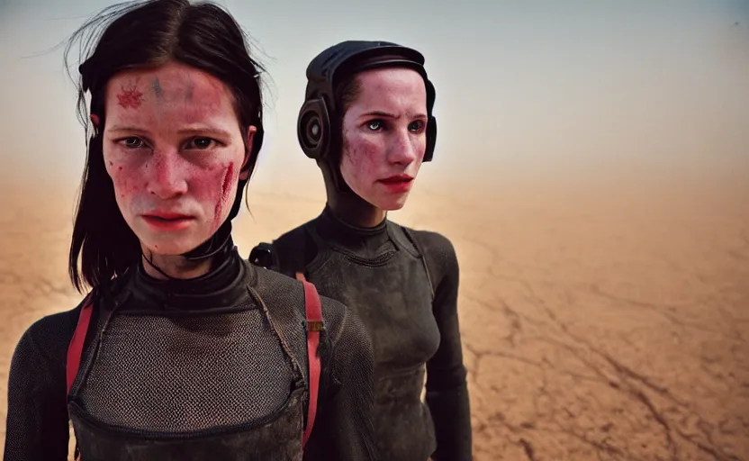 Prompt: cinestill 5 0 d photographic portrait by helen levitt of two loving female androids wearing rugged black mesh techwear on a desolate plain, extreme closeup, modern cyberpunk moody cinematic, dust storm, 8 k, hd, high resolution, 3 5 mm, f / 3 2, ultra realistic faces, ex machina