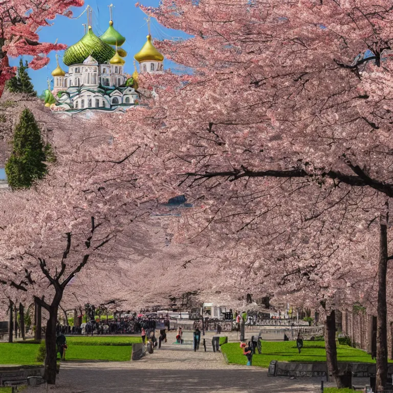 Prompt: photo of japanese sakura garden in the center of moscow with christian temple and kremlin on the background, sony a 7 r