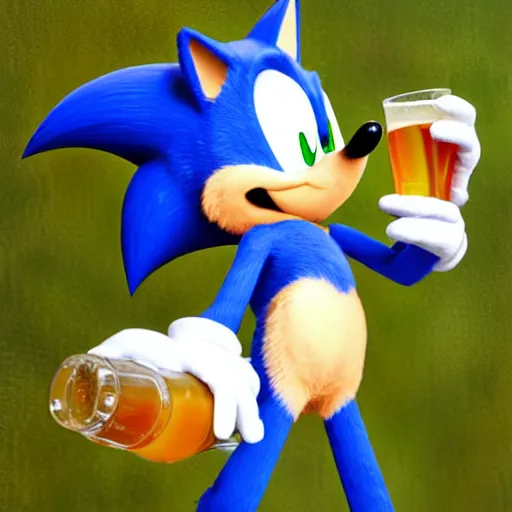 Image similar to photorealistic sonic the hedgehog drinking beer