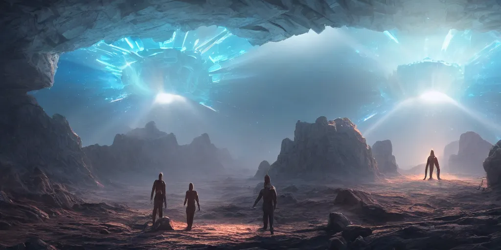 Prompt: ancient alien portal, crowd of androids, beams of light from sky, matte painting, dreamscape, stars, global illumination, the great beyond, trending on artstation