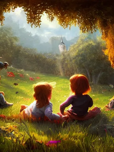 Image similar to children playing inside a meadow in the castle walls. intricate, elegant, highly detailed, digital painting, artstation, concept art, sharp focus, illustration, by justin gerard and artgerm, 8 k