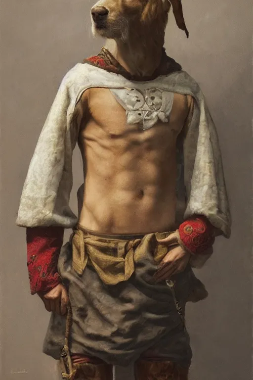 Prompt: Slavic dog head man, beautiful torso in medieval clothes, oil painting, hyperrealism, woolen, high resolution, trending on artstation,