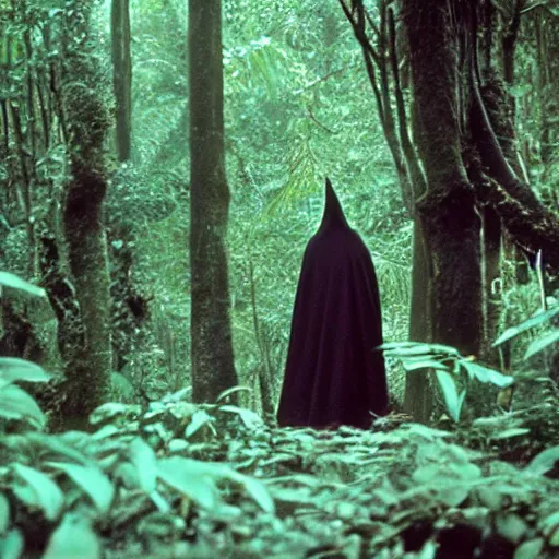 Image similar to a man wearing a long cloak and hood, walking through a lush jungle, film still, arriflex 3 5 extremely high detail