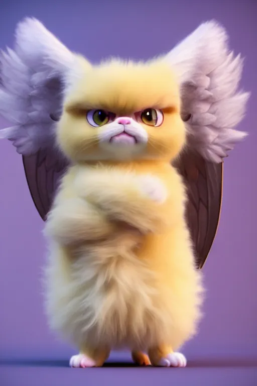 Image similar to high quality 3 d render hyperrealist very cute pastel fluffy! grumpy griffin cat hybrid with wings!, vray smooth, in the style of detective pikachu, hannah yata charlie immer, dramatic yellow light, low angle, uhd 8 k, sharp focus
