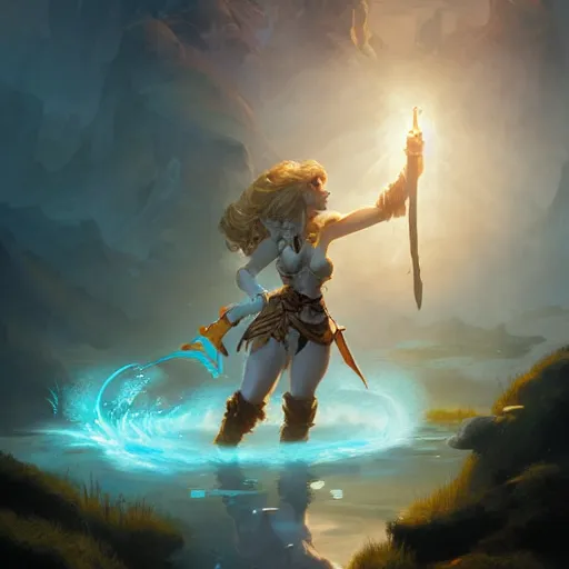 Image similar to a female fantasy halfling hobbit fistfighter, speaking to her glowing goddess of mist and light, flowing robes and leather armor, detailed dynamic light painting by peter mohrbacher and albrecht anker