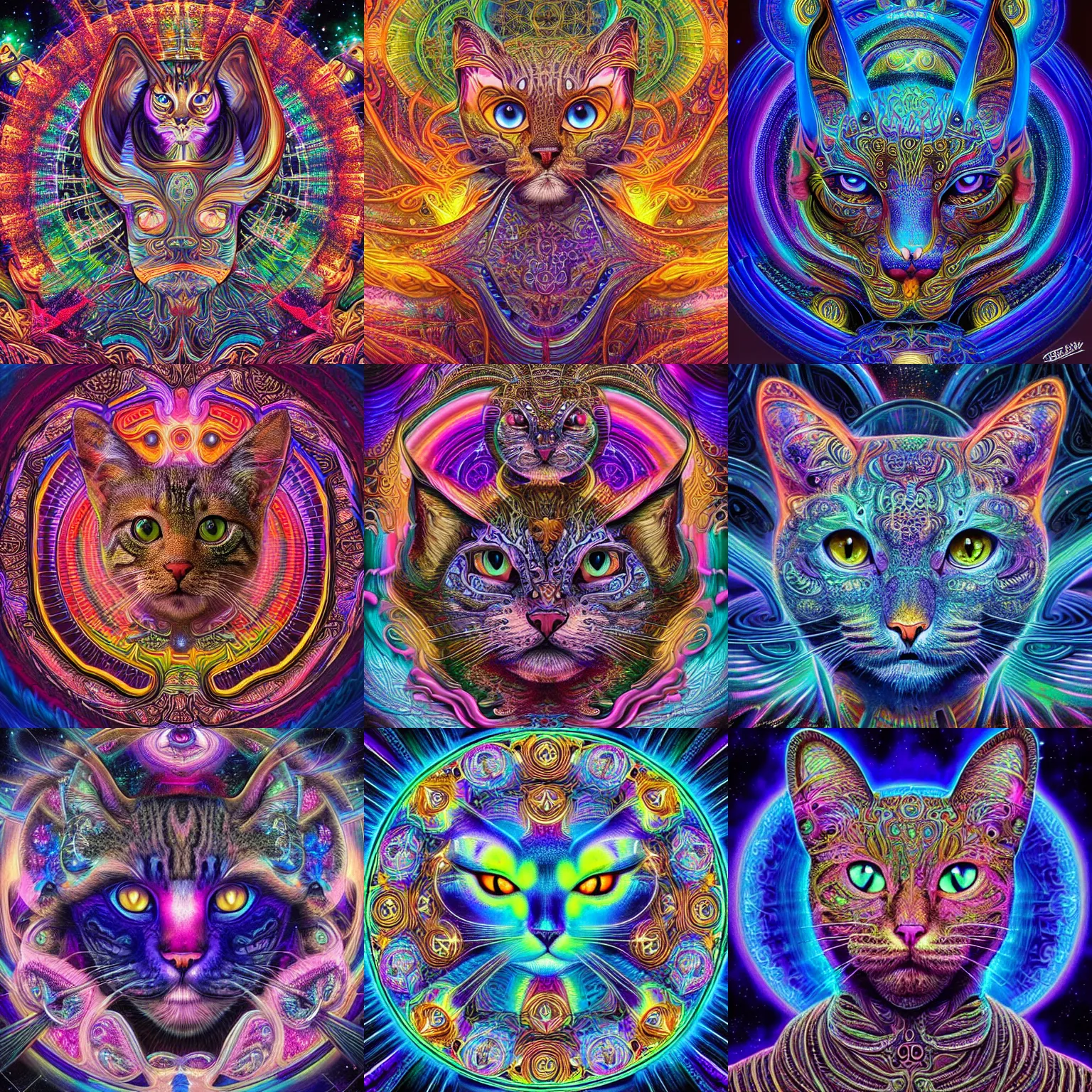 Prompt: a intricate ornate psychedelic image of a cosmic cat, digital art by felix kelly, alex grey, dan mumford, artgerm, psychedelic art, psychedelic, fractalism, fractals, sacred geometry, trending on artstation, art, hyper realism, highly detailed, cgsociety, octane render, 3 d