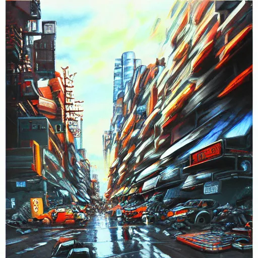 Prompt: akira movie style pastel color futuristic city brutality buildings street scene oil painting