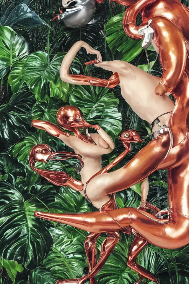 Prompt: close - up of a cyborg chrome nymph statue wrestling with a giant flamingo, surrounded by tropical monstera medinilla magnifica flower plants and thick pigmented smoke, by jeff koons, hajime soryama, boris vallejo, artgerm, greg rutkowski, alphonse mucha, kim keever