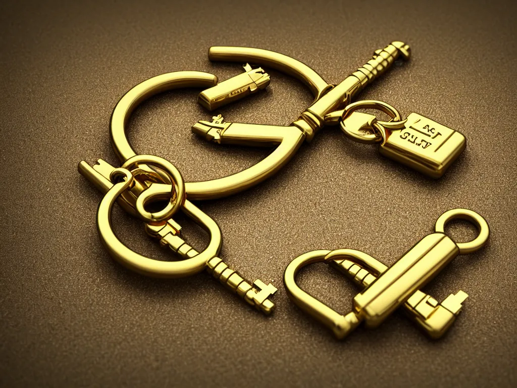 Image similar to a close up of a gold key chain, a macro photograph by dennis h. farber, featured on behance, kitsch movement, rendered in cinema 4 d, octane render, tilt shift