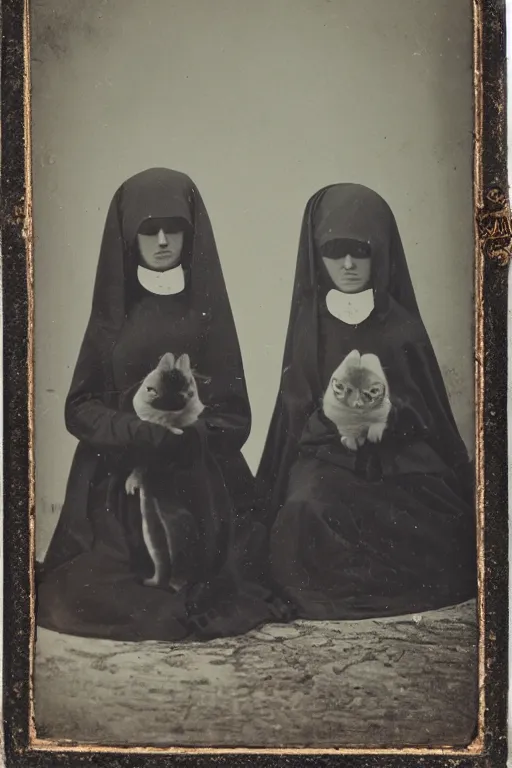 Prompt: daguerreotype of nuns riding cats